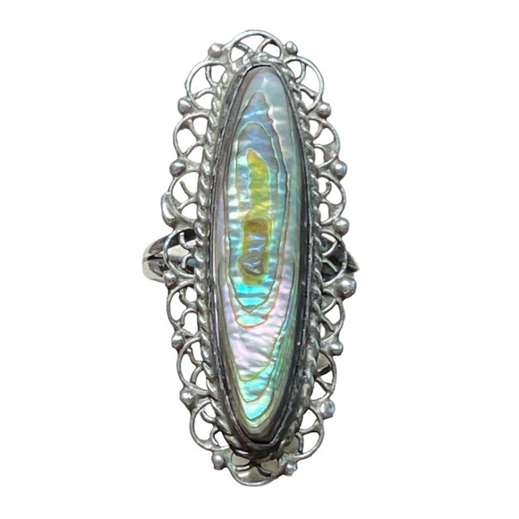 Beautiful ANTIQUE VINTAGE Sterling Silver & Abalone Shell Ring Size 5 - Picture 7 of 11